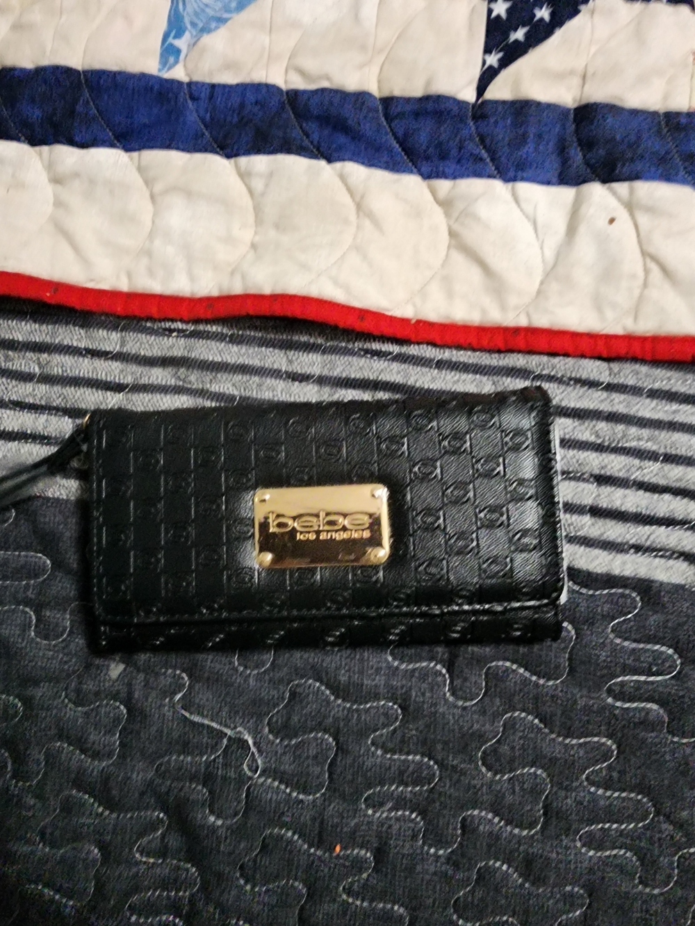 Bebe Black Embossed Leather Wallet with Gold Plate